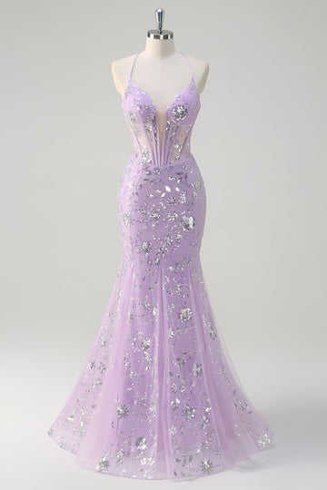 Robe de Soirée sirène sirène scintillante à paillettes avec lacets dans le dos